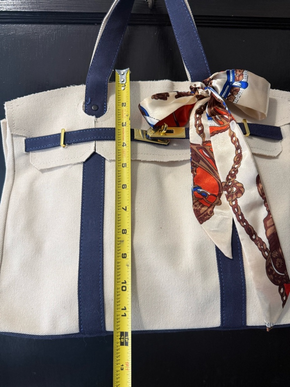 Boatkin-style Canvas Top-Handle Tote Bag in Cream with Navy Trim - Picture 4 of 7